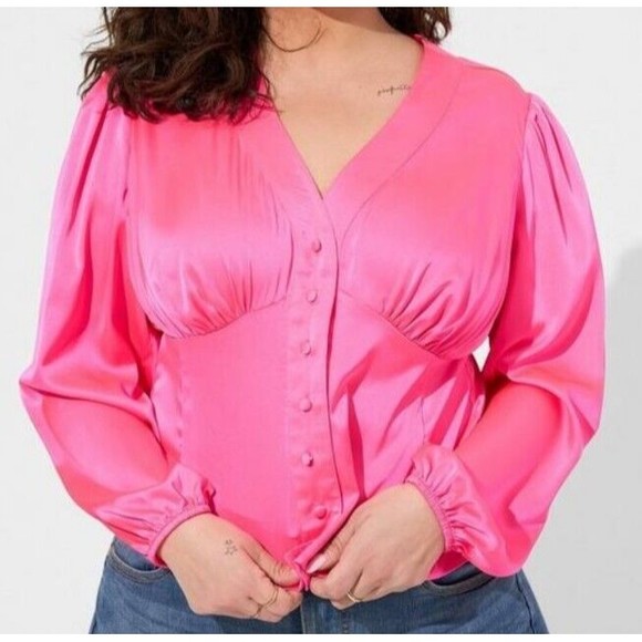 Torrid Women's 4x 26 Plus Satin Button Front Blouse Empire V Neck Hot Pink Glo - Picture 1 of 7